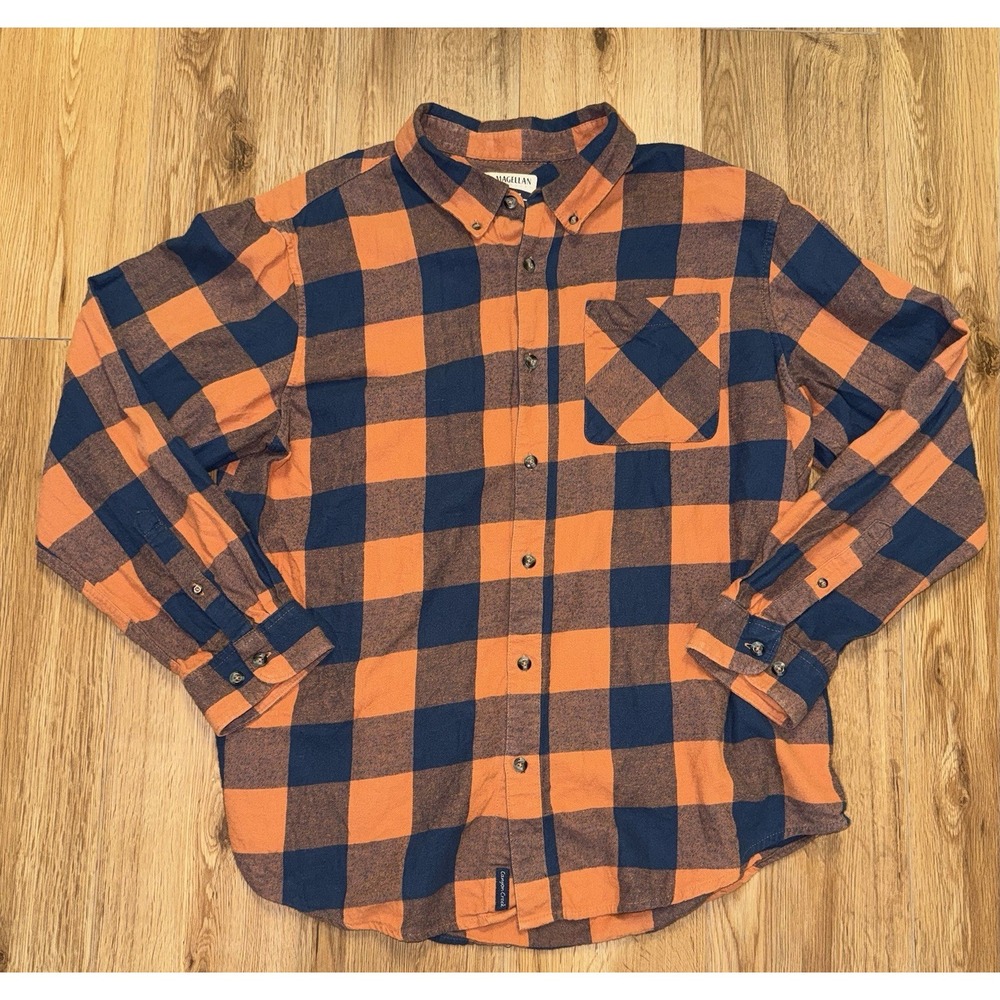 Magellan Outdoors Shirt (Mens XL) Orange Blue Plaid Flannel Classic Fit